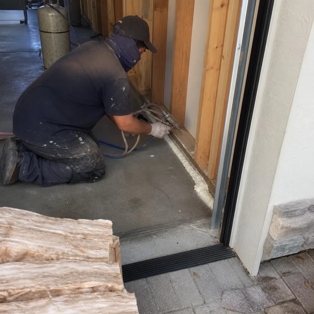 professional applying spray foam insulation for garage conversion project