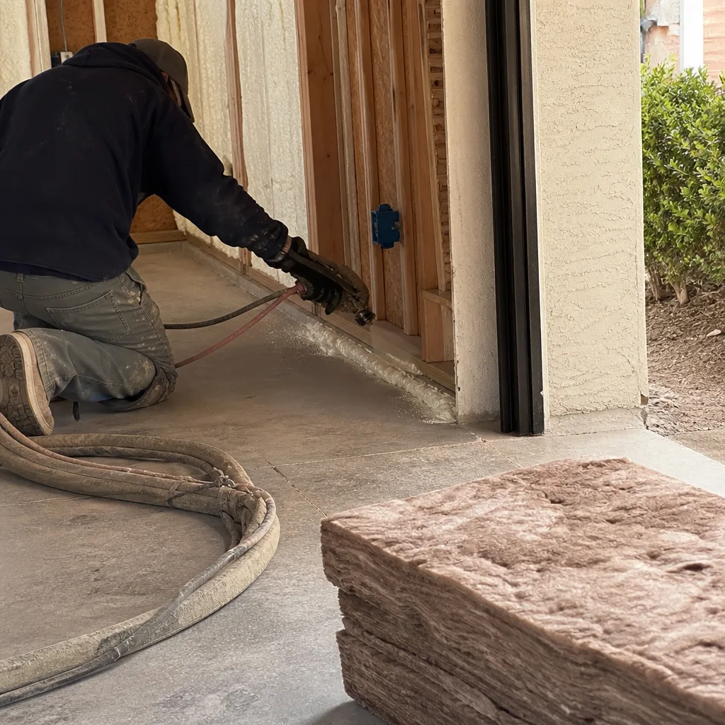 Professional contractor applying spray foam insulation for garage conversion ADU project