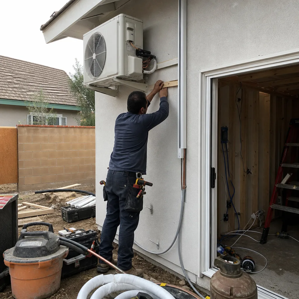 Contractor installing equipment on wall for garage conversion ADU project