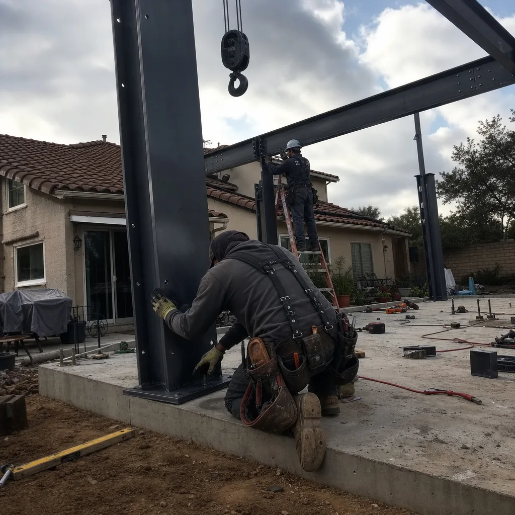 Construction workers assembling steel frame for a new detached ADU