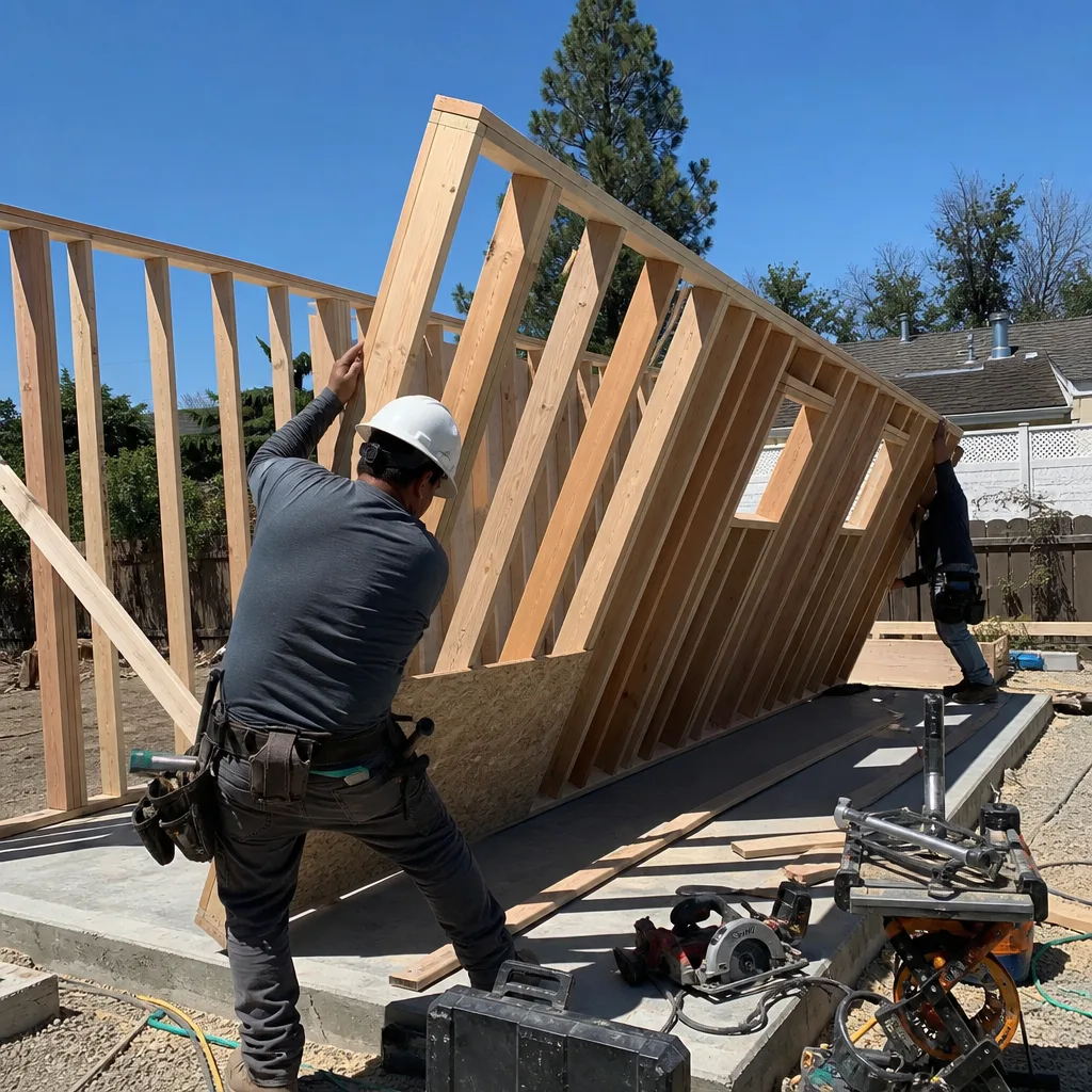 Contractors raising the wood frame of a new detached ADU build
