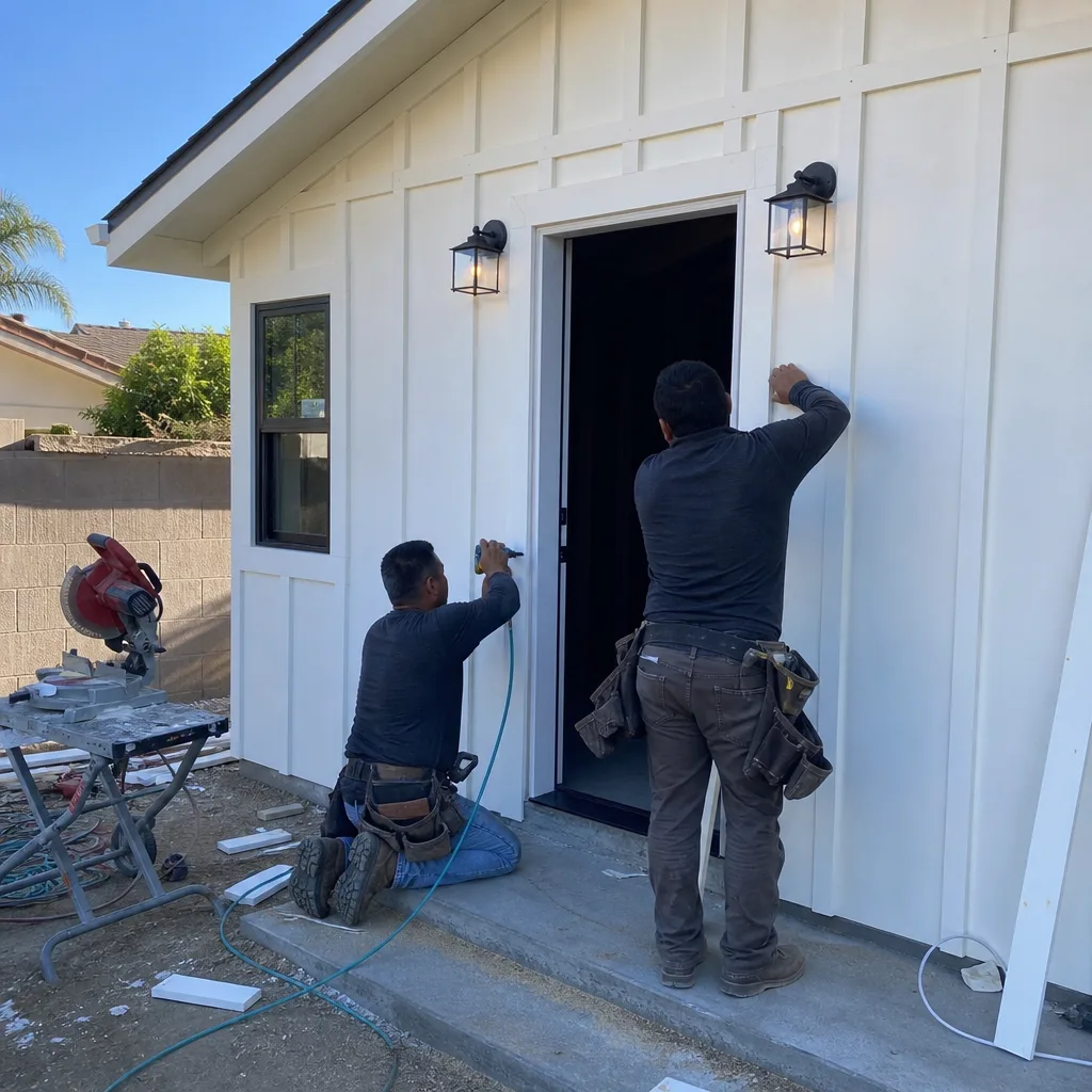 Two construction workers installing trim on the exterior door of an ADU.